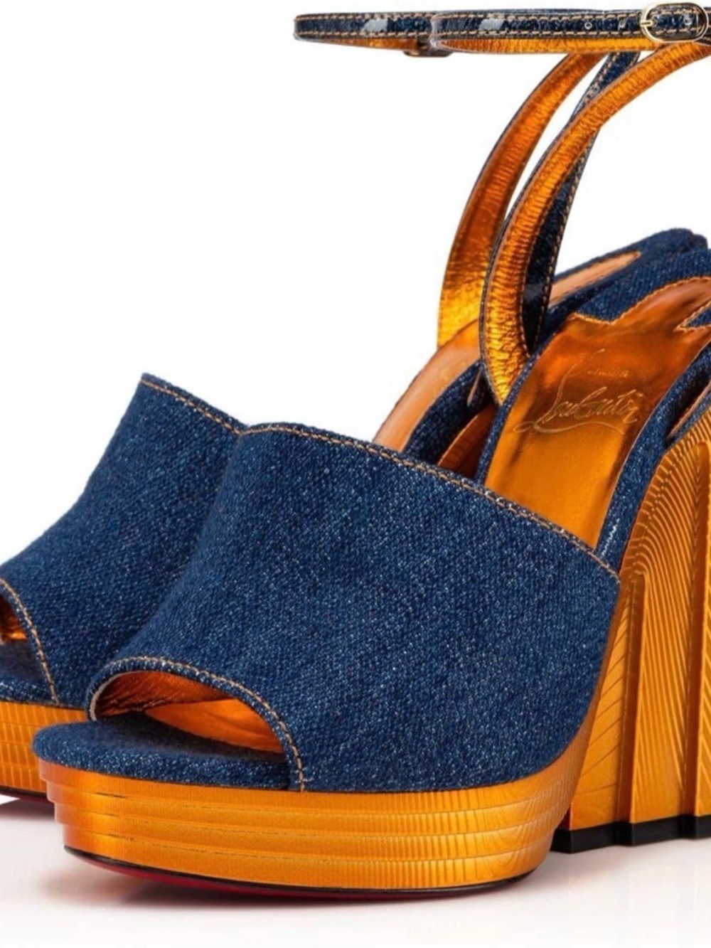 Christian Louboutin Denim Platform Sandals in Blue and Gold Metallic